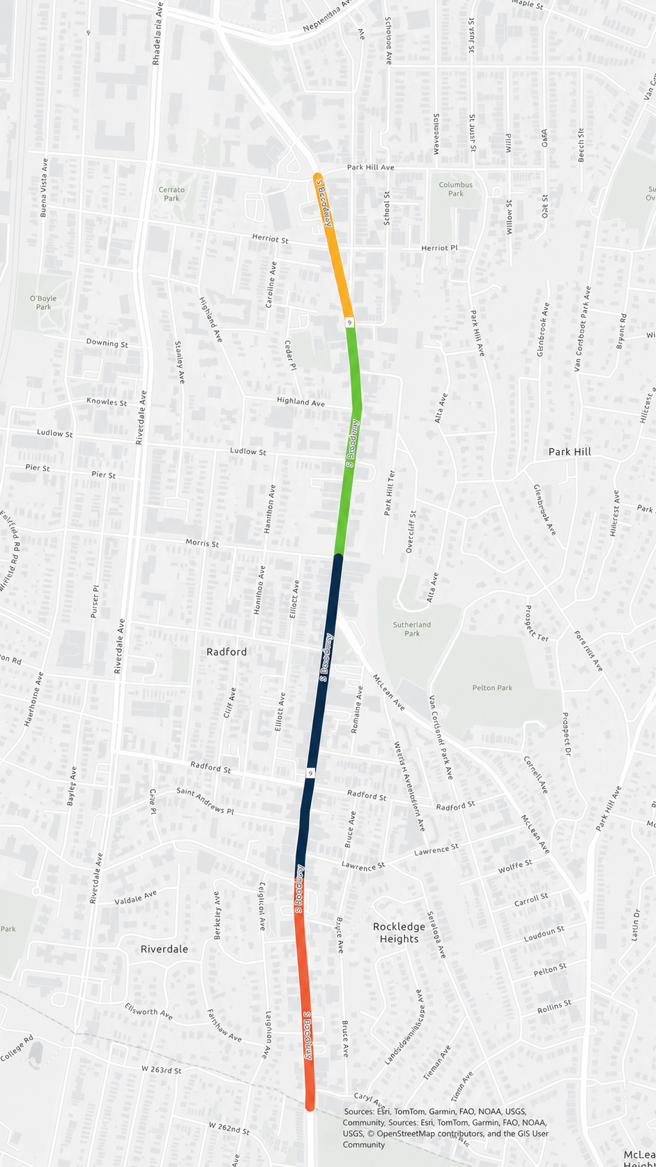 Map dividing South Broadway into four color-coded planning sections