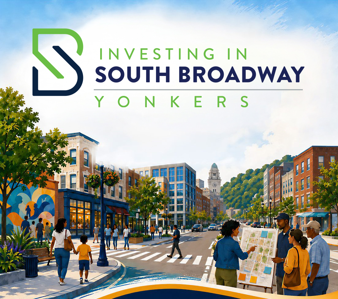 Illustration of South Broadway with neighbors, local shops, and a community planning session